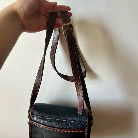 Vintage Roots Saddle Black Leather Crossbody with Brown Trim and Brass Buckle - Picture 11 of 11